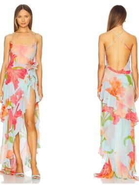 RETROFETE Samara Ruffle Tiered Silk Floral Aqua Primavera Maxi Dress Size XXS